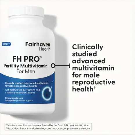 2024_FHH_ImageStack_FH.PROMEN.REV04_FC Bottle of Fairhaven Health FH PRO for Men Fertility Multivitamin with text highlighting clinically studied formula for male reproductive health