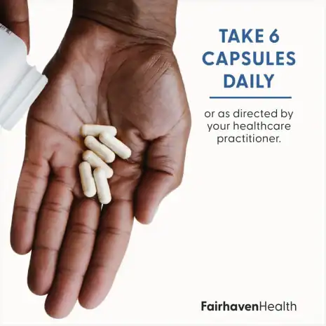 2024_FHH_ImageStack_FH.PROMEN.REV04_SuggestedUse_V2 Hand holding six FH PRO for Men capsules with text suggesting six capsules daily or as directed by a healthcare practitioner.