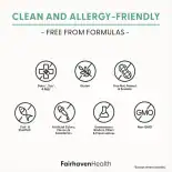 Icons showing FH PRO for Men is free from dairy, soy, egg, gluten, tree nuts, fish, shellfish, artificial colors, sweeteners, and unnecessary additives