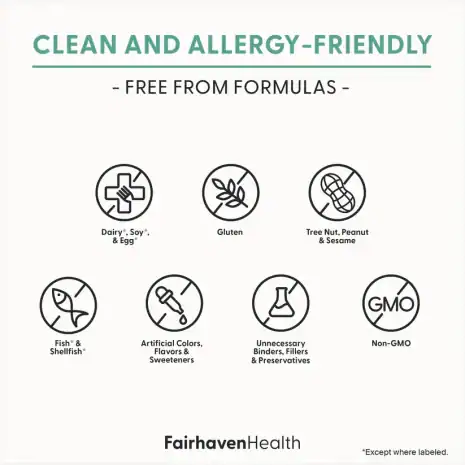 2024_FHH_ImageStack_TemplateMainBranding_FreeFromFormulas Icons showing FH PRO for Men is free from dairy, soy, egg, gluten, tree nuts, fish, shellfish, artificial colors, sweeteners, and unnecessary additives