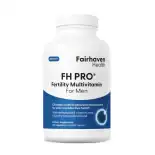 Bottle of Fairhaven Health FH PRO for Men Fertility Multivitamin with text highlighting clinically studied formula for male reproductive health