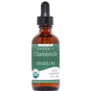 Bottle of Herb Lore Organic Chamomile Tincture with dropper cap and USDA Organic label
