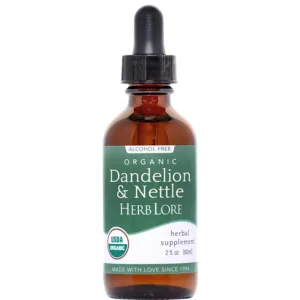 Herb Lore Organic Dandelion & Nettle Tincture in amber glass dropper bottle, 2 oz size with USDA Organic label