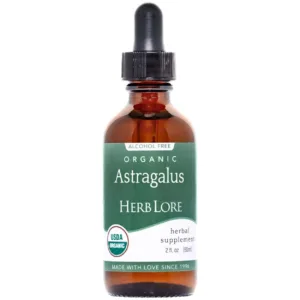 Herb Lore Organic Astragalus Tincture 2oz bottle with green label and dropper top, shown against a white background
