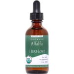Brown glass dropper bottle labeled "Organic Alfalfa Herb Lore" with green and white USDA Organic label