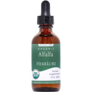 Brown glass dropper bottle labeled "Organic Alfalfa Herb Lore" with green and white USDA Organic label