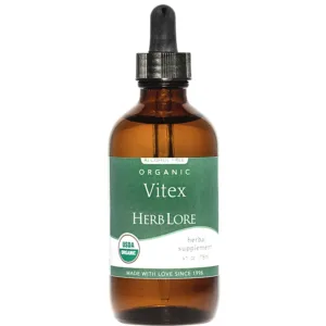 4 fl oz Bottle of Herb Lore Organic Vitex Tincture – Alcohol-Free formula in amber glass dropper bottle