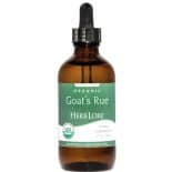 Front view of a 4 oz bottle of Herb Lore Organic Goat’s Rue Tincture in amber glass with green label and dropper top