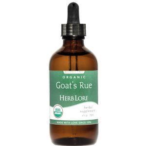 Front view of a 4 oz bottle of Herb Lore Organic Goat’s Rue Tincture in amber glass with green label and dropper top