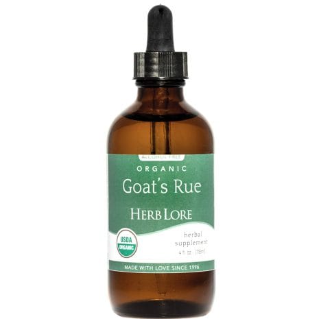 Front view of a 4 oz bottle of Herb Lore Organic Goat’s Rue Tincture in amber glass with green label and dropper top