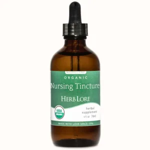 4 oz bottle of Herb Lore Organic Nursing Tincture with green alcohol-free label and dropper top