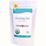 Front of Herb Lore Nursing Tea package with teal label, showing 5 oz size and USDA Organic certification. A yellow star highlights 58 cups.