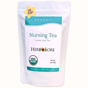Front of Herb Lore Nursing Tea package with teal label, showing 5 oz size and USDA Organic certification. A yellow star highlights 58 cups.