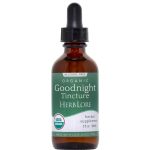 Single bottle of Herb Lore Organic Goodnight Tincture (2 oz) with green and white label