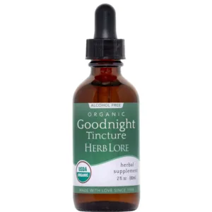 Single bottle of Herb Lore Organic Goodnight Tincture (2 oz) with green and white label