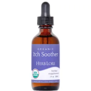 2 oz bottle of Herb Lore Organic Itch Soother Tincture with dropper cap