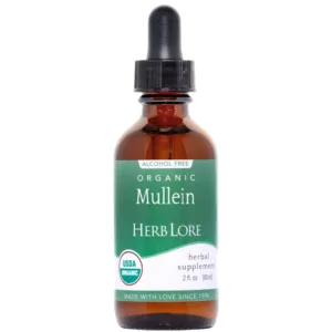 2 oz bottle of Herb Lore Organic Mullein Tincture, alcohol-free with USDA organic label