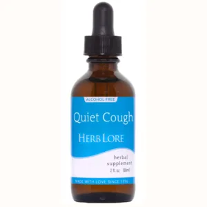 2 oz bottle of Herb Lore Quiet Cough Tincture, alcohol-free with blue label