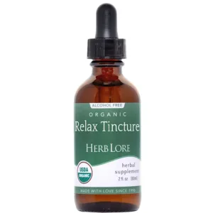 Herb Lore Relax Tincture bottle front view with green label showing USDA Organic and Alcohol-Free designations. 2 fl oz size.