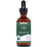 Herb Lore Organic Sage Tincture bottle with dropper top, labeled alcohol-free and USDA organic"