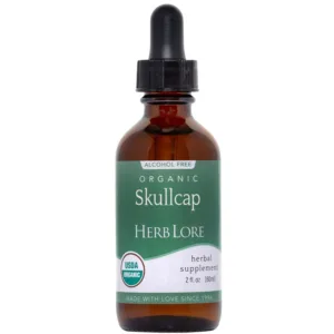 2 fl oz Bottle of Herb Lore Organic Skullcap Tincture with green label and dropper top, labeled alcohol-free and USDA organic.