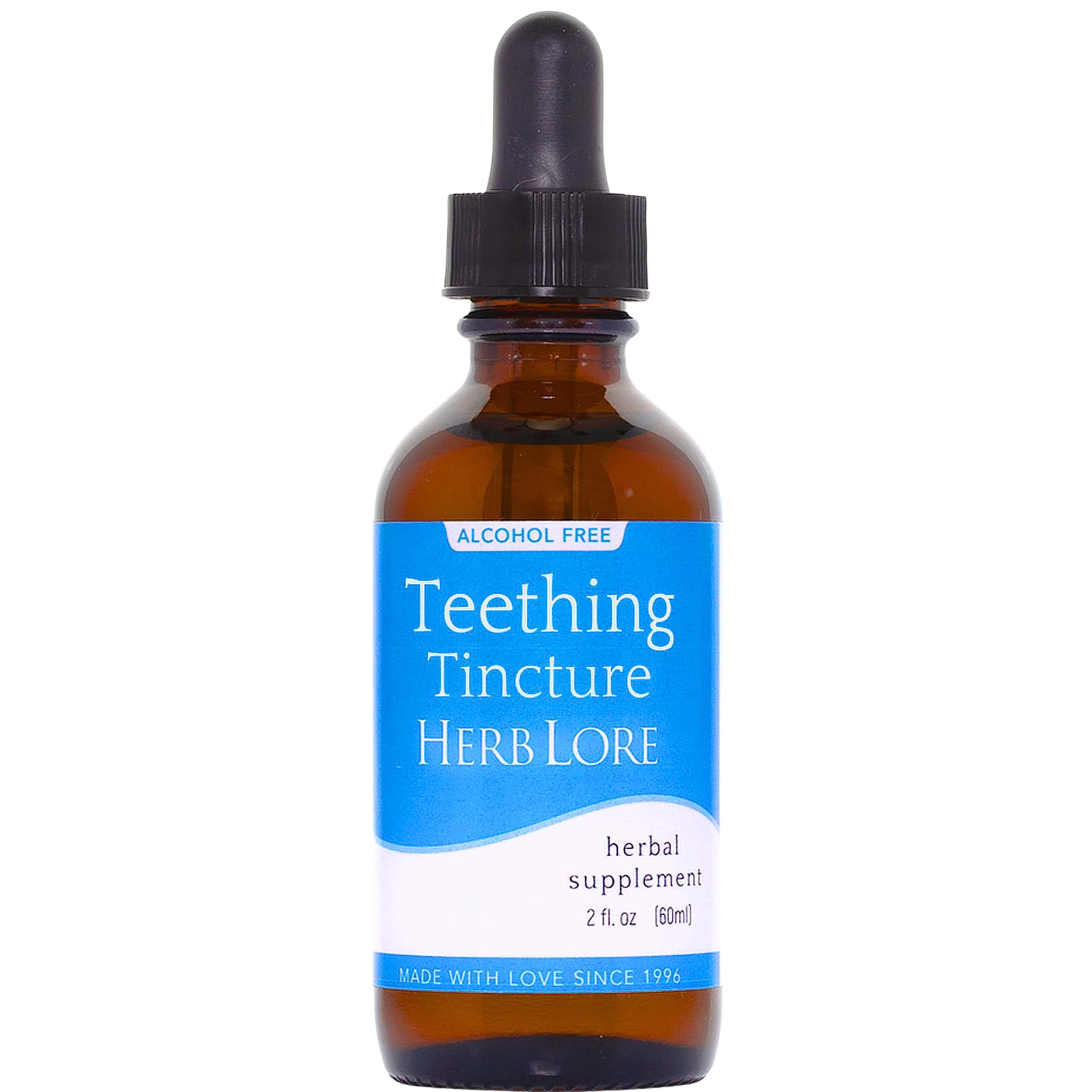 Amber glass bottle of 2 fl oz Herb Lore Teething Tincture with a dropper cap and blue and white label indicating alcohol-free formula