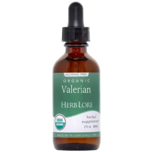 2 fl oz Bottle of Herb Lore Organic Valerian Tincture with dropper top and green label, USDA Organic certified