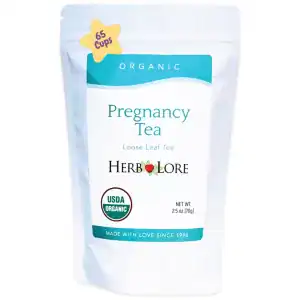 Bag of Herb Lore Organic Pregnancy Tea with teal label and USDA Organic seal
