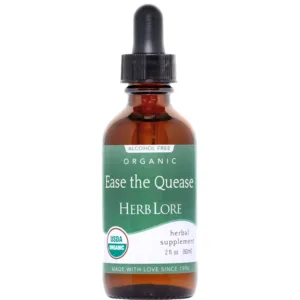 Bottle of Herb Lore Ease the Quease tincture – USDA Organic, alcohol-free formula in an amber glass dropper bottle