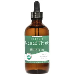 Herb Lore Organic Blessed Thistle Tincture bottle with dropper top and USDA Organic label