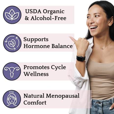 2 Woman smiling and pointing to health benefits of Vitex tincture: USDA Organic, hormone balance, cycle wellness, and menopausal comfort