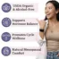 Woman smiling and pointing to health benefits of Vitex tincture: USDA Organic, hormone balance, cycle wellness, and menopausal comfort