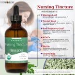 Herb Lore Nursing Tincture ingredients and benefits including moringa, fennel seed, red raspberry, alfalfa, nettle, and chamomile for breastfeeding support