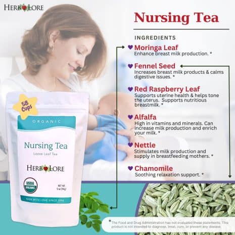 Nursing Tea LL Amazon Product Images - 2 Infographic with mother nursing baby while highlighting benefits of Nursing Tea ingredients including moringa, fennel, red raspberry leaf, alfalfa, nettle, and chamomile.