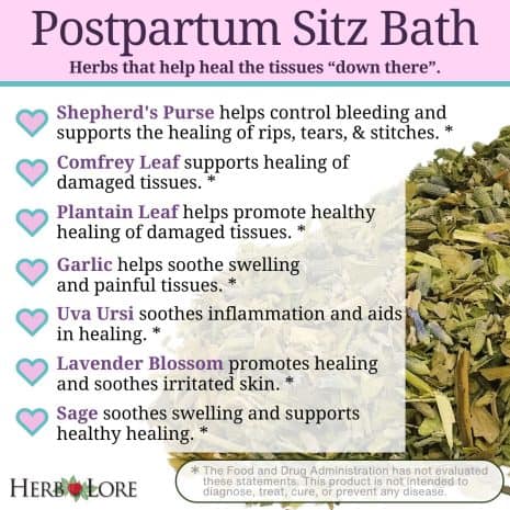 2 Infographic listing herbal benefits of Herb Lore Postpartum Sitz Bath including comfrey, lavender, garlic, and sage