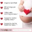 Pregnant woman holding a red heart over her belly beside a list of benefits of Pregnancy Tea Tincture, including support for morning sickness, sleep, and uterine health.