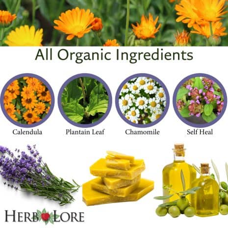 2 Visual collage showing the organic ingredients used in Herb Lore Healing Salve: calendula, plantain leaf, chamomile, self heal, lavender, beeswax, and olive oil.