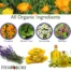 Visual collage showing the organic ingredients used in Herb Lore Healing Salve: calendula, plantain leaf, chamomile, self heal, lavender, beeswax, and olive oil.
