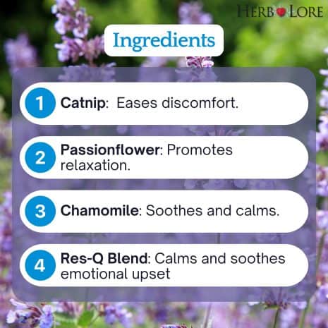 2 List of key Teething Tincture ingredients with benefits: Catnip, Passionflower, Chamomile, and Res-Q Blend on floral background