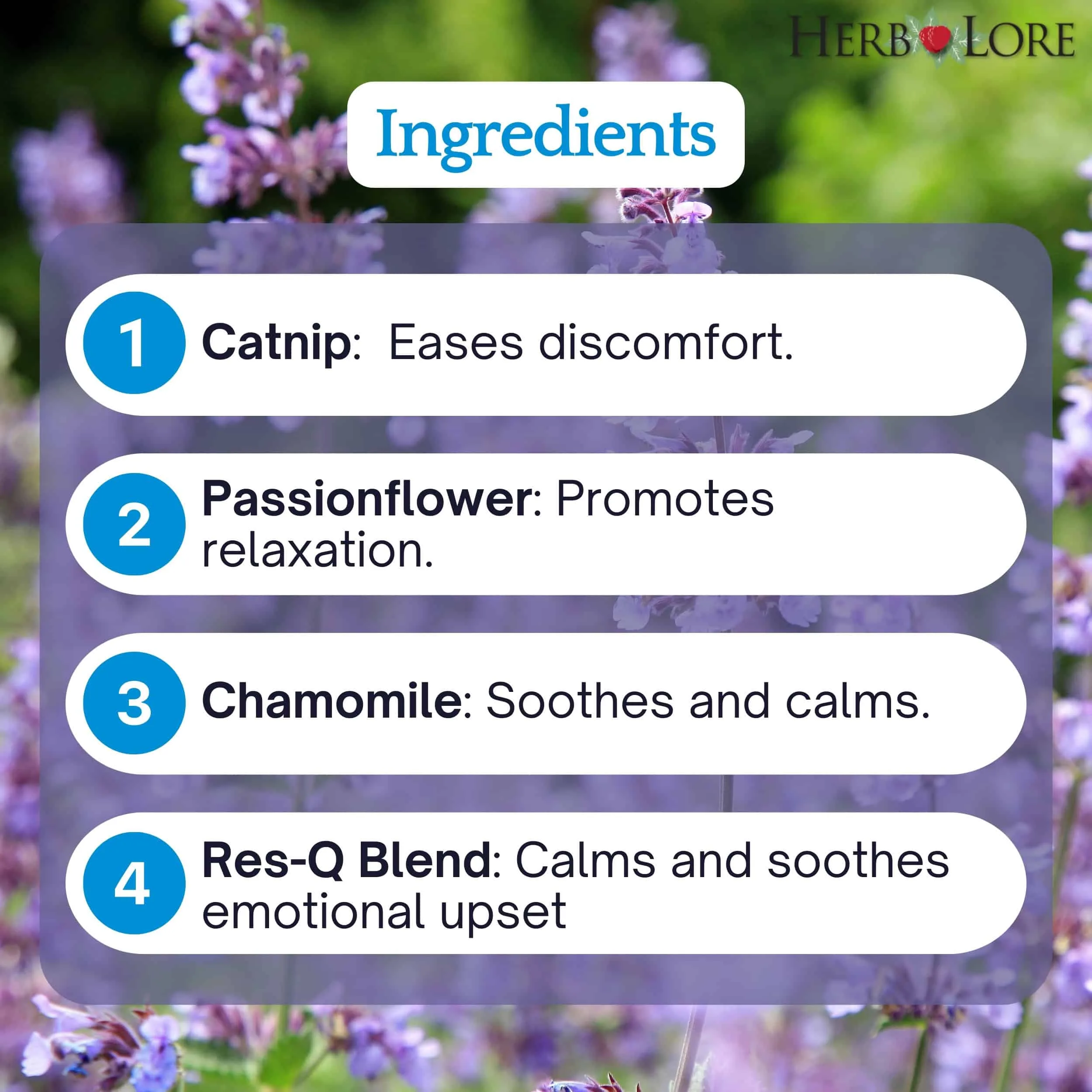 List of key Teething Tincture ingredients with benefits: Catnip, Passionflower, Chamomile, and Res-Q Blend on floral background