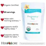 Herb Lore Pregnancy Tea with benefits listed: organic, 65 servings, gentle support for morning queasiness, rest, and uterine wellness
