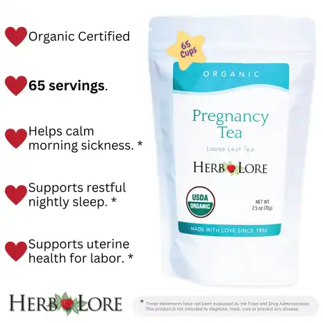 OC Pregnancy Tea LL Herb Lore Pregnancy Tea with benefits listed: organic, 65 servings, gentle support for morning queasiness, rest, and uterine wellness