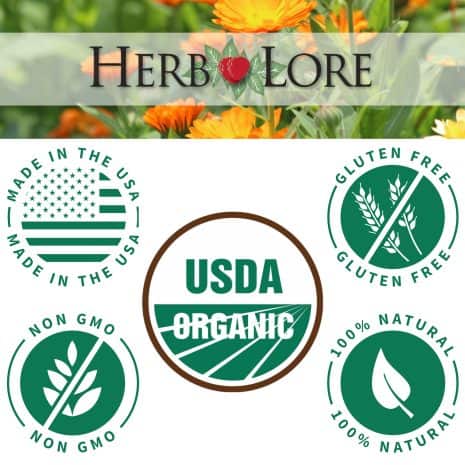 2 Herb Lore branding over calendula flowers with USDA Organic, Non-GMO, Made in the USA, Gluten Free, and 100% Natural icons