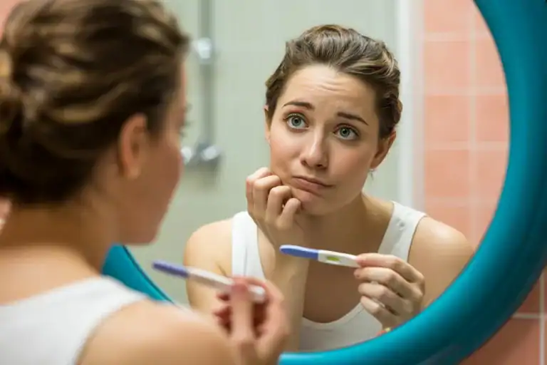 Young woman looking confused while holding a pregnancy test and staring at her reflection in a teal-framed bathroom mirror, with peach tiles in the background