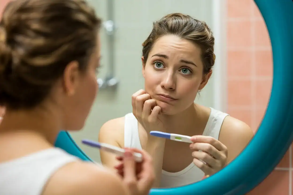 Young woman looking confused while holding a pregnancy test and staring at her reflection in a teal-framed bathroom mirror, with peach tiles in the background