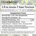 Supplement facts panel for 2 fl oz Anxia-T Ease Tincture with organic herbal blend ingredients and serving size details.