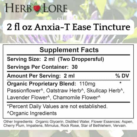 2 fl oz Anxia-T Ease Alcohol Free Supplement Facts Supplement facts panel for 2 fl oz Anxia-T Ease Tincture with organic herbal blend ingredients and serving size details.