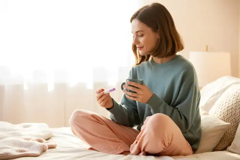 Woman sitting on bed during two-week wait, holding pregnancy test and mug, wearing teal sweater and peach pajama pants, with soft natural light in bedroom