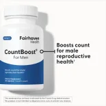 Close-up of CountBoost for Men supplement bottle with text pointing to label: "Boosts count for male reproductive health"
