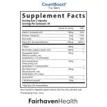 Supplement Facts label for CountBoost for Men showing ingredients like Vitamin C, Maca Root, Ashwagandha, and CoQ10 to support male reproductive health.